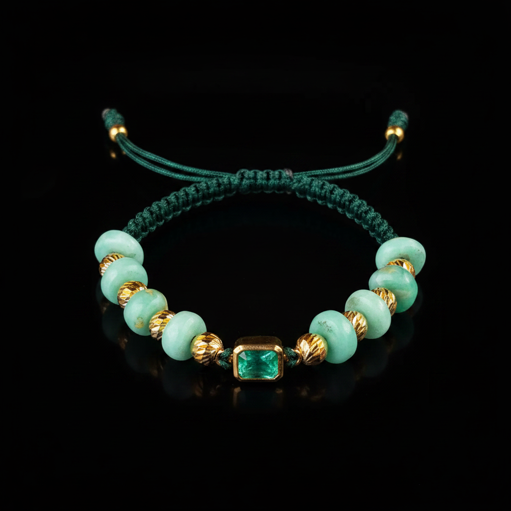 Pulsera Macramé con Esmeralda y Cuentas Jade Oro 18K sobre fondo negro