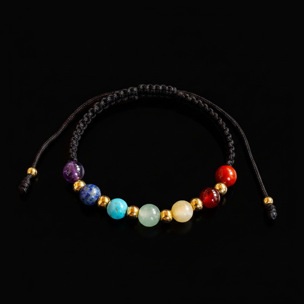 Pulsera de los 7 chakras con piedras naturales y cuentas doradas sobre fondo negro