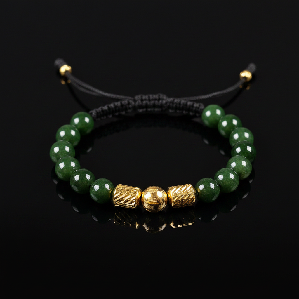 Pulsera Macramé Jade Verde con Pepitas Oro 18K fondo negro
