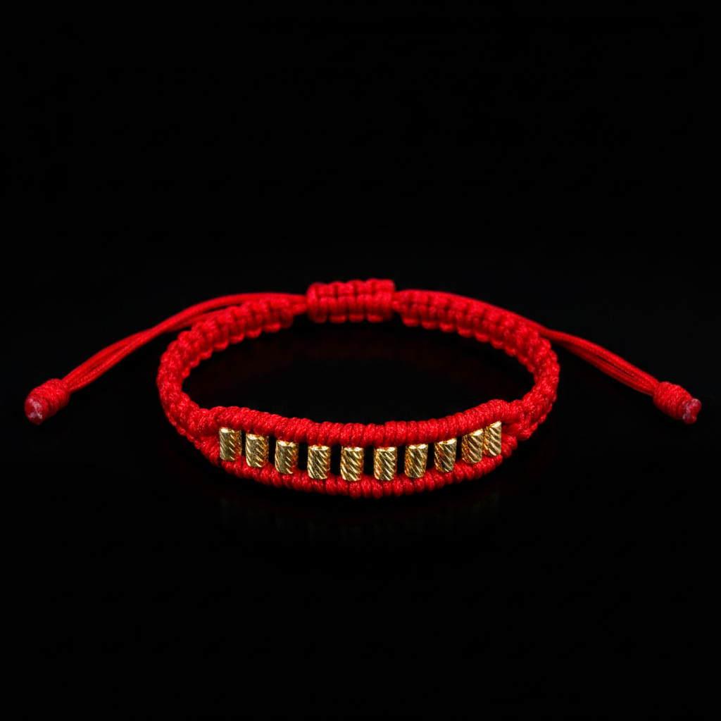 Pulsera Macramé Roja con Pepitas Oro 18K fondo negro